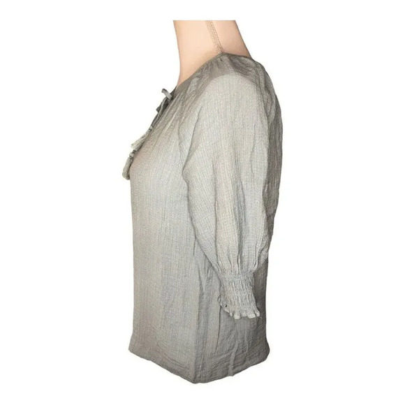 Ann Taylor Women’s Medium Blue Crinkle Tie Neckline Puff Sleeve Blouse - Picture 2 of 4